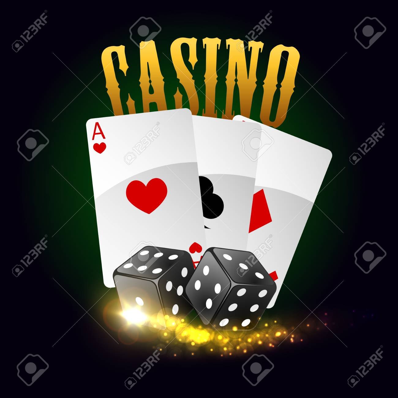 Casino poker cards with spades, hearts, clubs and gaming dices with lucky number combination. Vector poster with gold glittering light sparkles. Las Vegas casino gaming bets concept with golden letters